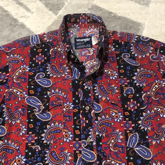VTG Wrangler Western Shirt Men X-Long Tails M 16-33 Blue Paisley Rockabilly USA - Picture 3 of 14